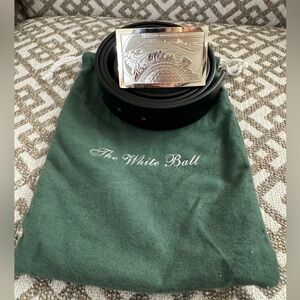 The White Ball Black Leather Belt with Silver Tournament Buckle - Fits up to 40